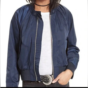 Free People Midnight  Satin Bomber Jacket Navy Blue Medium